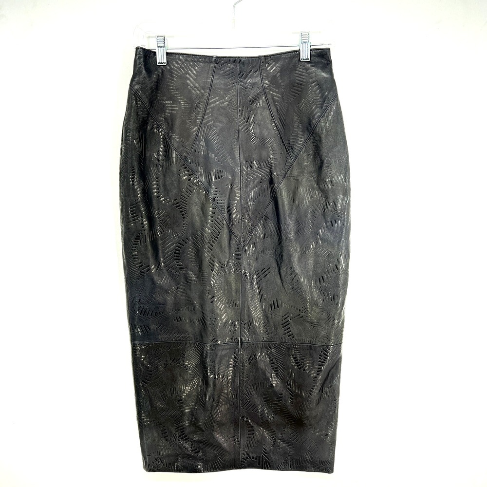 Lora Vintage Black Leather Embossed Detail Midi Skirt Size 38 Made in Israel